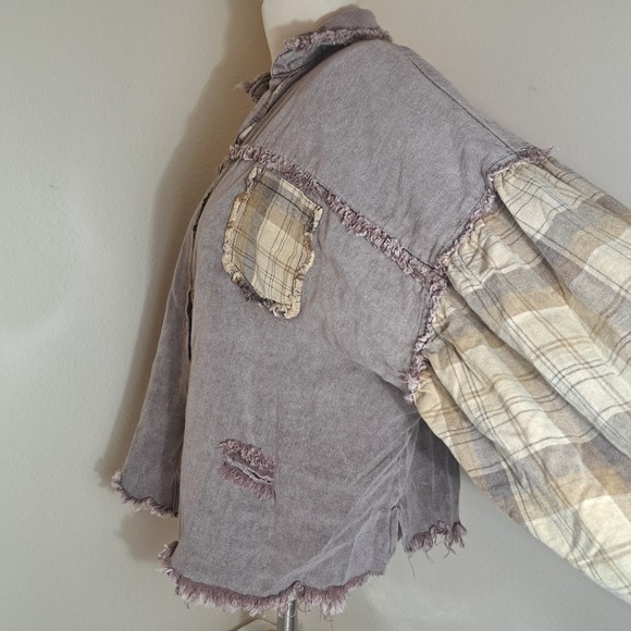 POL Oversized Plaid Sleeve Raw Edge Shirt Jacket Womens Size Large‎ - Picture 7 of 13